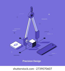Isometric vector illustration of a compass, ruler, and cube. Precision design concept for architectural drawing and geometric measurement.
