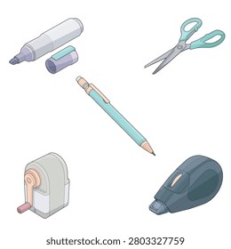 Isometric vector illustration of a complete office stationery bundle featuring a whiteboard marker, mechanical pencil, scissors, manual crank pencil sharpener, and correction tape dispenser. Perfect for office supplies, school stationery, writing, editing, drafting, document correction, workplace organization, business productivity, and educational design projects.