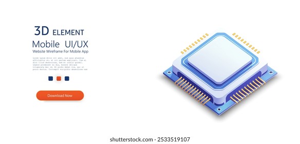 Ilustração vetorial isométrica de microchip de computador com conectores dourados detalhados. Perfeito para conceitos de tecnologia, computação, eletrônica ou inovação digital em projetos futuristas e técnicos.