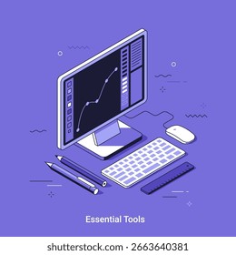 Isometric vector illustration with computer monitor, keyboard, mouse, pencils, and ruler. Essential tools for graphic design and development.