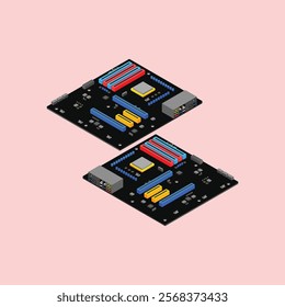 isometric vector illustration of a computer motherboard with a black board