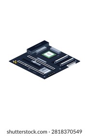 Isometric vector illustration of a computer motherboard with processor, slots, and chipset on a white background