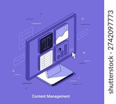 Isometric vector illustration with Computer screen display for content management. Data organization and digital marketing concept for web development and software.