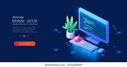Ilustração vetorial isométrica de uma tela de computador exibindo o código com um teclado e mouse. Um inseto rosa está rastejando no teclado, simbolizando um ataque cibernético ou malware. Conceito de bug de código.