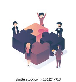 Isometric vector illustration. The concept of business teamwork. Business problem solutions. Corporate training. Flat style.
