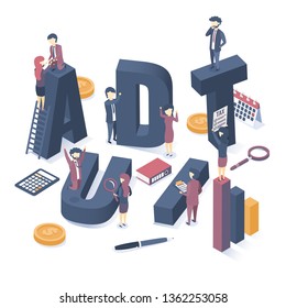 Isometric vector illustration. The concept of business auditing. Professional audit advice. Web banner.  
