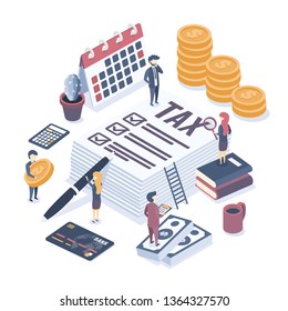 Isometric vector illustration. The concept of business auditing. Tax audit. Verification of accounting data. Financial report. Professional audit advice. 
