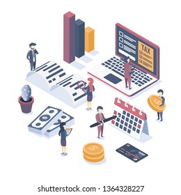 Isometric vector illustration. The concept of business auditing. Tax audit. Verification of accounting data. Financial report. Professional audit advice. 
