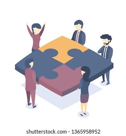 Isometric vector illustration. The concept of business teamwork. Business problem solutions. Corporate training. Flat style.
