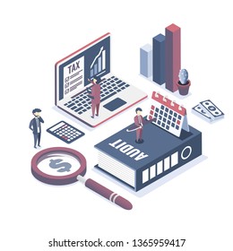 Isometric vector illustration. The concept of business auditing. Verification of accounting data.  Professional audit advice. 
