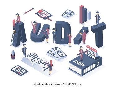 Isometric vector illustration. The concept of business auditing. Professional audit advice. Web banner.  
