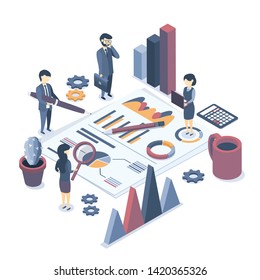 Isometric vector illustration. The concept of business auditing. Analysis of statistics, management, administration. Verification of accounting data. Financial report. Professional audit advice. Flat 