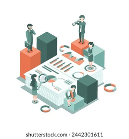 Isometric vector illustration. The concept of business auditing. Analysis of statistics, management, administration. Verification of accounting data. Financial report. Professional audit advice. 