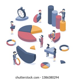 Isometric vector illustration. Concept of data analysis, information gathering, formatting of graphs and diagrams. Business statistics
