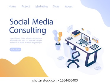 Isometric vector illustration. Concept of digital marketing. Online marketing manager at work. 
