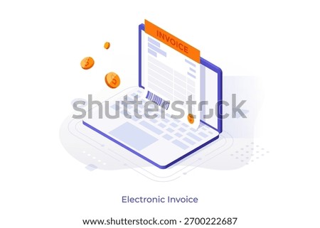 Isometric vector illustration concept of electronic invoice on laptop screen with flying coin. Digital billing and online payment for business and finance.