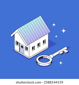 Isometric vector illustration concept of a house with a key, representing home loans and real estate financing