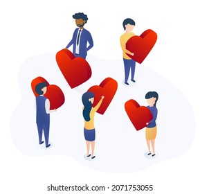 Isométrica ilustración vectorial. Concepto de revisión de similares y clientes.
