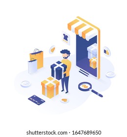 Isometric vector illustration. Concept of online shopping. Online buy using the mobile application.