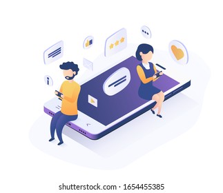 Isometric vector illustration. Concept of online communication. Social media  communication, internet chatting, online forum.