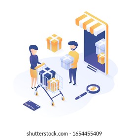 Isometric vector illustration. Concept of online shopping. Online buy using the mobile application.
