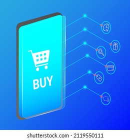 Isometric vector illustration. Concept of an online store. Sale concept, discounts. Internet technology, digital marketing. Isometric shopping line. Web banner. Online shopping. Digital money.