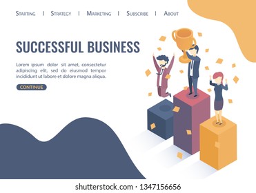 Isometric vector illustration. Concept of success. Successful business. Happy businessmen have received a reward for their work. Flat style.
