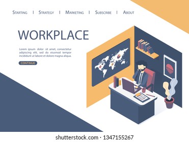 Isometric vector illustration. The concept of the workplace in the office. Businessman in the office room analyzes business success.  Flat style.
