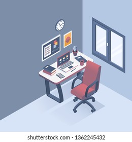 Isometric vector illustration. The concept of the workplace in the office.  Flat style.
