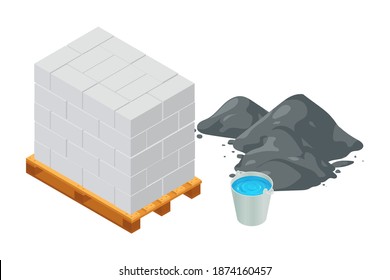 Isometric vector illustration concrete blocks and cement pile isolated on white background. Cinder blocks on wooden pallet colorful vector icon. Concrete brick in flat cartoon style. Building material