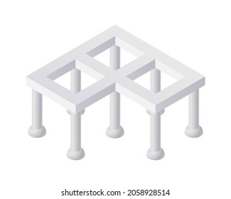 Isometrisches, Vektorgrafik-Betongrundstück des Gebäudes einzeln auf weißem Hintergrund. Realistische Stiftungssymbol. Baustelle. Verstärkte Betonstiftung.