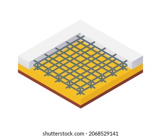 Isometric vector illustration concrete foundation of the building isolated on white background. Realistic foundation icon. Construction site. Reinforced concrete foundation.