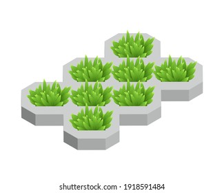Isometric vector illustration concrete grid pavement with green grass isolated on white background. Realistic turfstone icon in flat cartoon style. Pavement floor brick. Street tile. Green grass lawn.