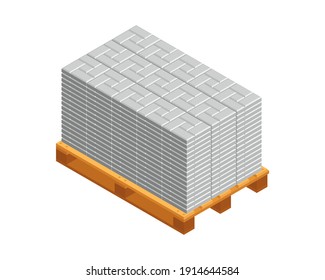 Isometric vector illustration concrete paver blocks on wooden pallet isolated on white background. Realistic colorful street paving slabs icon in flat cartoon style. Pavement floor bricks. Street tile