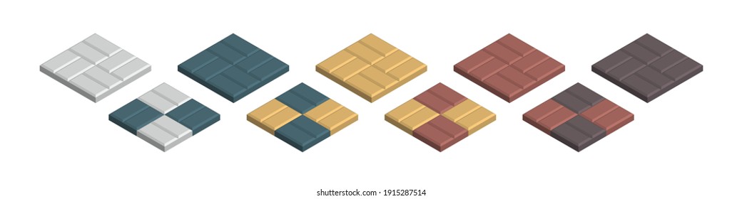 Isometric vector illustration concrete paver blocks isolated on white background. Realistic colorful street paving slabs icon in flat cartoon style. Pavement floor bricks. Street tiles.