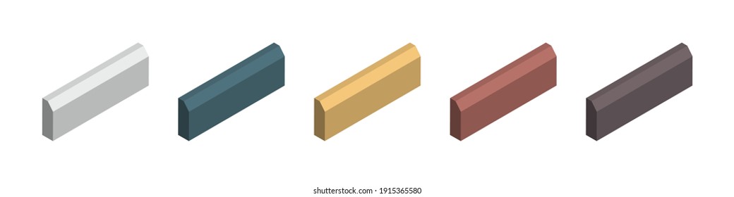 Isometric vector illustration concrete paver curbs isolated on white background. Realistic colorful street paving slabs icon in flat cartoon style. Pavement floor bricks. Street tiles.
