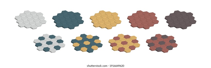 Isometric vector illustration concrete paver blocks isolated on white background. Realistic colorful street paving slabs icon in flat cartoon style. Pavement floor bricks. Street tiles.