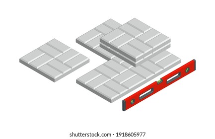 Isometric vector illustration concrete paver blocks and bubble level tool isolated on white background. Realistic colorful pavement laying icon in flat cartoon style. Floor bricks. Street tiles.