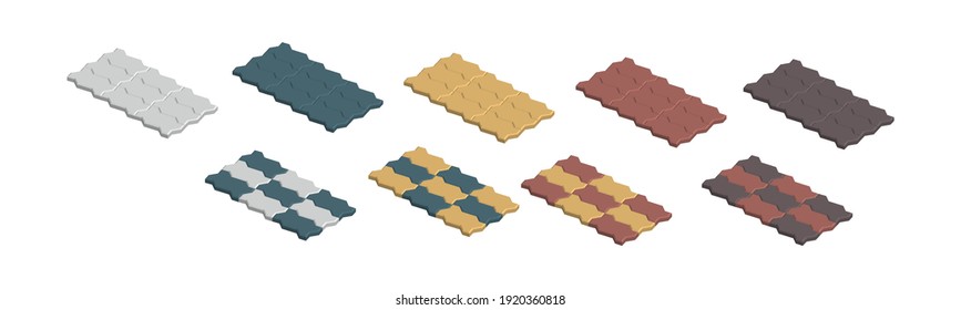 Isometric vector illustration concrete paver blocks isolated on white background. Realistic colorful street paving slabs icon in flat cartoon style. Pavement floor bricks. Street tiles.