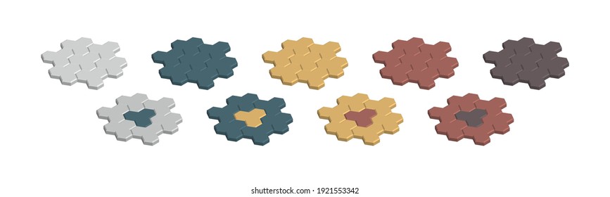 Isometric vector illustration concrete paver blocks isolated on white background. Realistic colorful street paving slabs icon in flat cartoon style. Pavement floor bricks. Street tiles.
