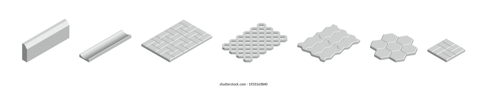 Isometric vector illustration concrete paver blocks isolated on white background. Realistic different shape street paving slabs icons in flat cartoon style. Pavement floor bricks. Street tiles.