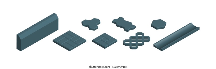 
Isometric vector illustration concrete paver blocks isolated on white background. Realistic different shape street paving slabs icons in flat cartoon style. Pavement floor bricks. Street tiles.