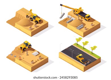 Ilustración vectorial isométrica de escenarios de construcción con maquinaria y obreros sobre fondo beige, concepto de desarrollo urbanístico. Ilustración vectorial