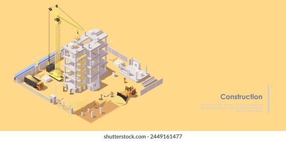 Isometric vector illustration of a construction site with workers, machinery, and building structure on yellow background, concept of urban development. Vector illustration