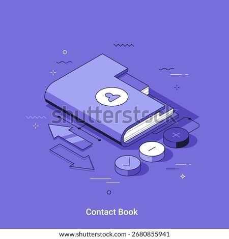 Isometric vector illustration with contact book for business communication. Modern address book with interface elements for networking and client management.