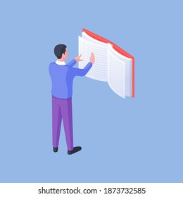 Isometric vector illustration of contemporary male student flipping pages of interesting book and reading while studying against bright blue background