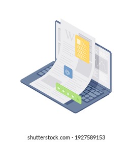 Isometric Vector Illustration Of Contemporary Report With Sheet Of Electronic Letter Or Report With Data And Rating Send By Email