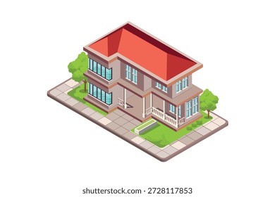 Isometrische Vektorgrafik eines zeitgenössischen zweistöckigen Vorstadthauses. Das Gebäude verfügt über ein markantes rotes Dach, einen Balkon, große Fenster und eine einladende Veranda. Das Äußere umfasst einen gepflegten grünen Rasen, kleine Bäume und einen betonierten Bürgersteig. Perfekt für Immobilien-, Architektur-, Immobilien- und Wohnungsbaukonzepte.