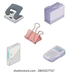 Isometric vector illustration of a corporate archive office supply collection featuring a lever arch binder, file folders, label maker, two hole punch, and binder clip. Ideal for document management, office filing systems, business administration, record keeping, accounting, workplace organization, corporate archives, and stationery design projects.