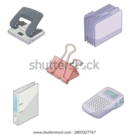 Isometric vector illustration of a corporate archive office supply collection featuring a lever arch binder, file folders, label maker, two hole punch, and binder clip. Ideal for document management, office filing systems, business administration, record keeping, accounting, workplace organization, corporate archives, and stationery design projects.